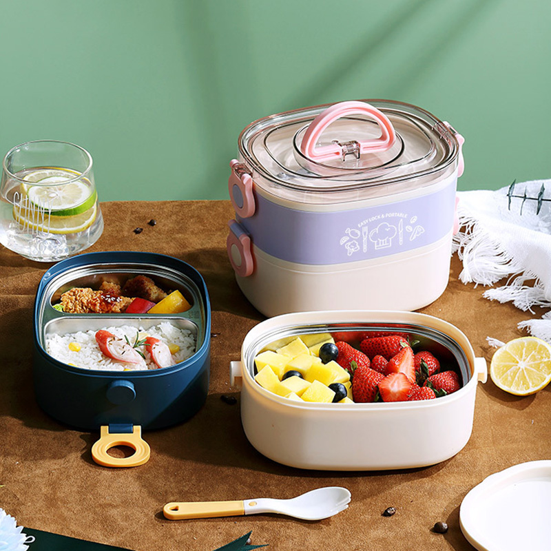 Simple oval-shaped double-layer stainless steel lunch box large-capacity handle compartment lunch box student lunch box