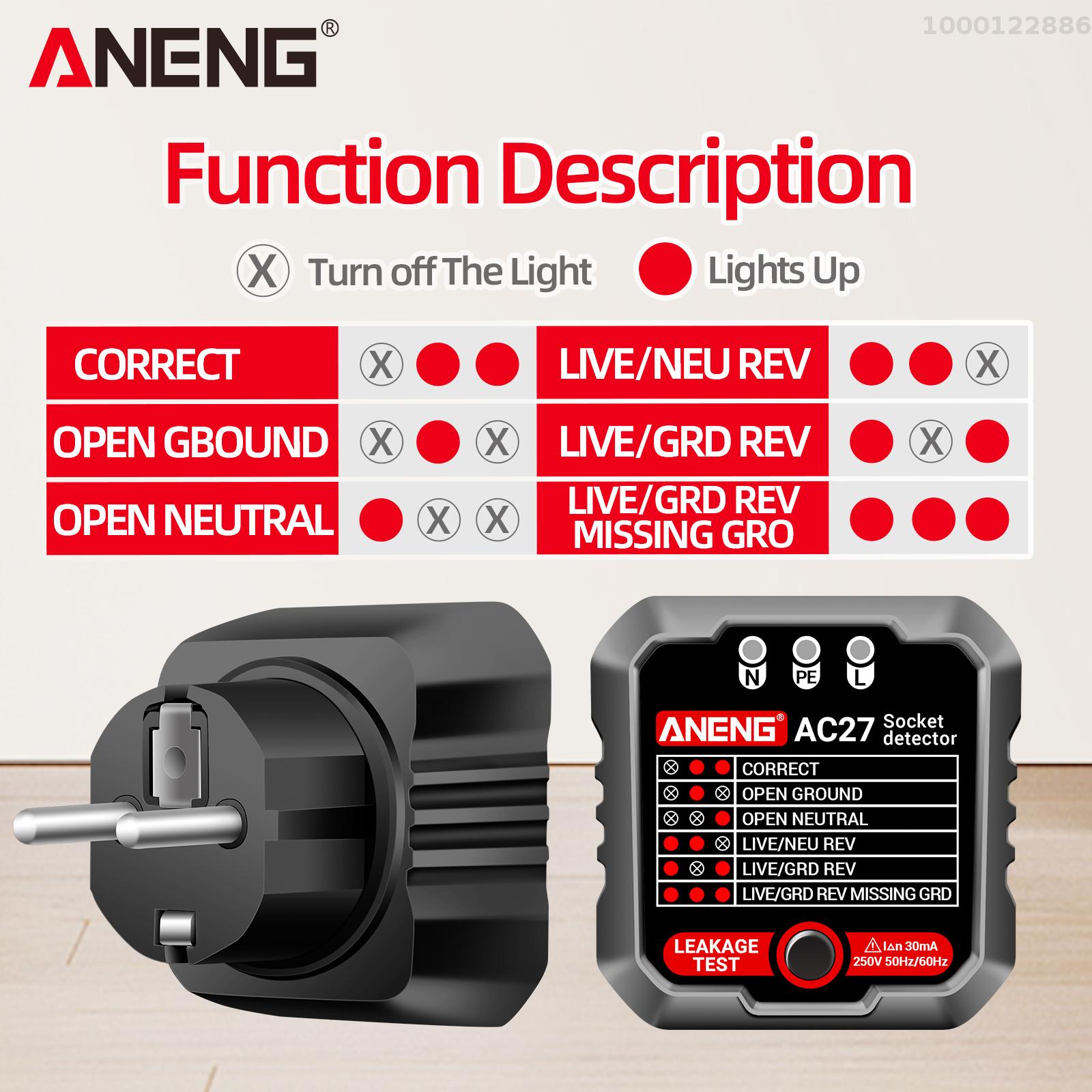 KKmoon aneng Outlet Tester 250V nhanh chóng phát hiện dụng cụ kiểm tra ổ điện receptacle Detector rò rỉ cắm phân cực mặt đất Dòng tự động điện mạch phân cực Vôn kế