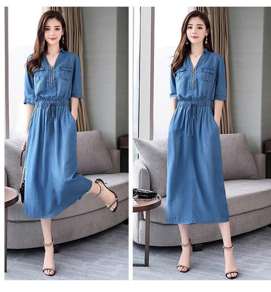 ĐẦM JEAN PHỐI DÂY RÚT EO CỔ V DÂY KÉO