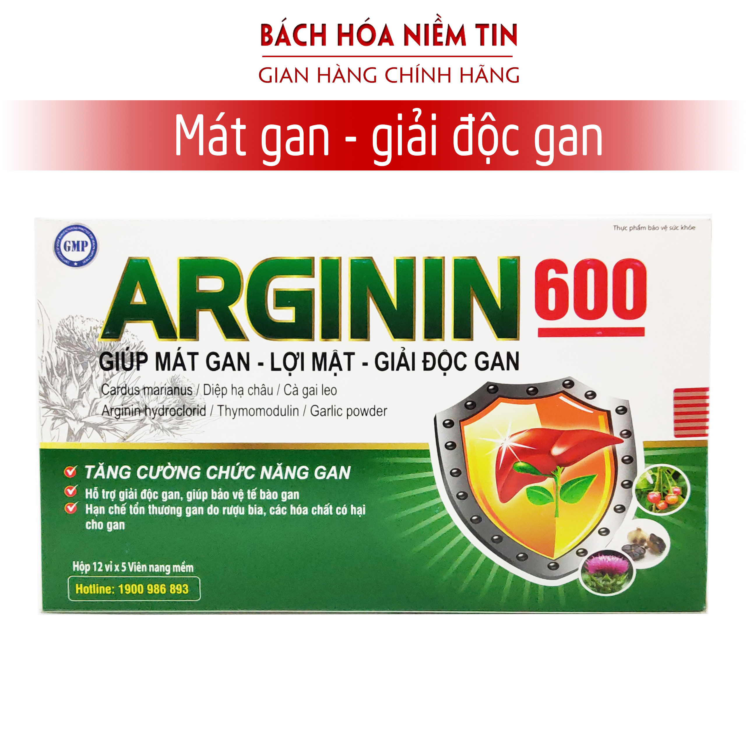Viên uống mát gan ARGININ 600 - Cà gai leo, actiso, tỏi đen, diệp hạ châu - giúp giải độc gan, lợi mật hiệu quả - Hộp 60  viên chuẩn GMP Bộ Y tế