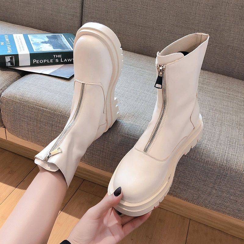 Fuyixuan 2023 Mùa xuân và mùa thu Boutique nữ Oceanic ins Tide mới lưới đỏ trắng gầy khởi động ngắn màu sắc cao giày đế dày thời trang