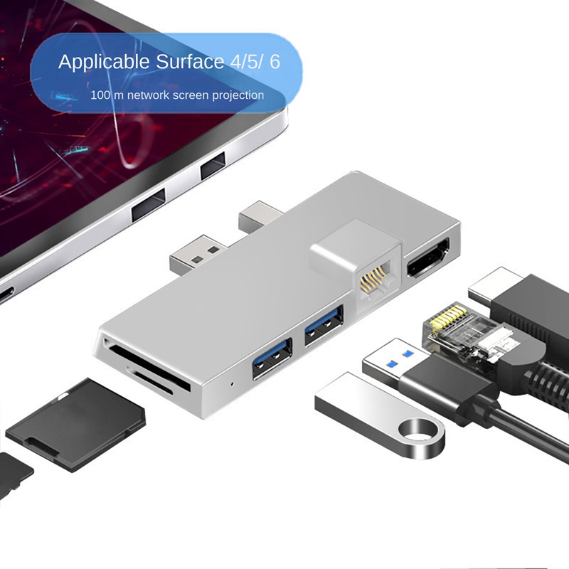 For Surface Pro 4 5 6 Docking Station Hub with 4K -Compatible TF Card Reader Gigabit Ethernet 2 USB 3.1 Gen 1 Port