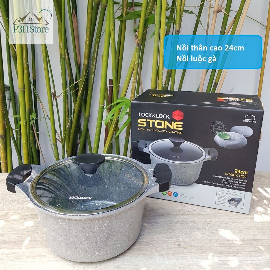 Nồi chống dính vân đá thân cao đáy từ Lock&Lock dòng Stone 7 lớp 24cm LCA6244D-IH Nồi lớn nấu soup nồi luôc gà