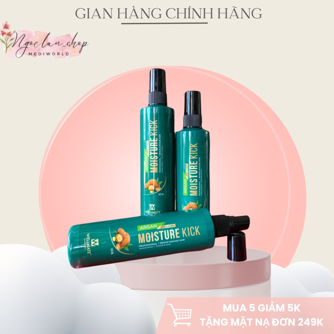 Xịt dưỡng phục hồi tóc Wellmate Moisture Kick Argan Collagen 160ml