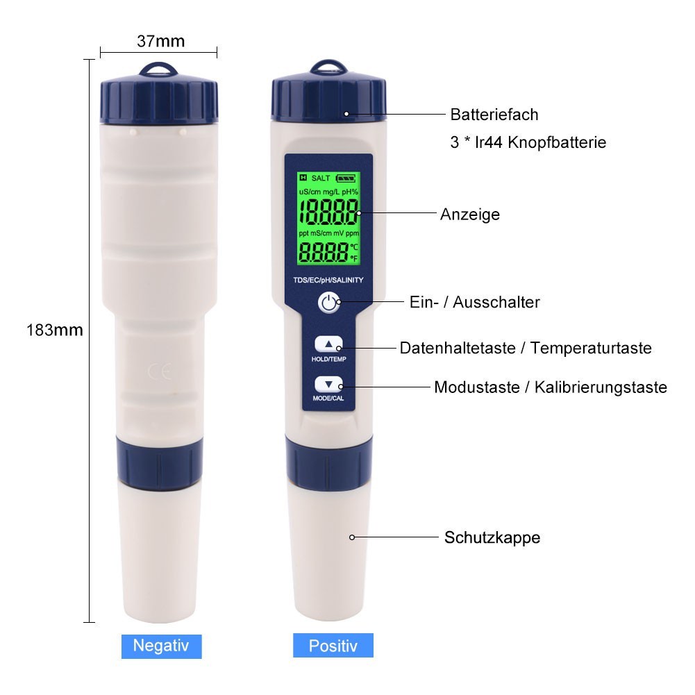 Máy Đo Độ Mặn Và Độ PH 5 Trong 1, Đèn Nền Đo Độ PH/TDS/EC/Độ MặN/Nhiệt Độ