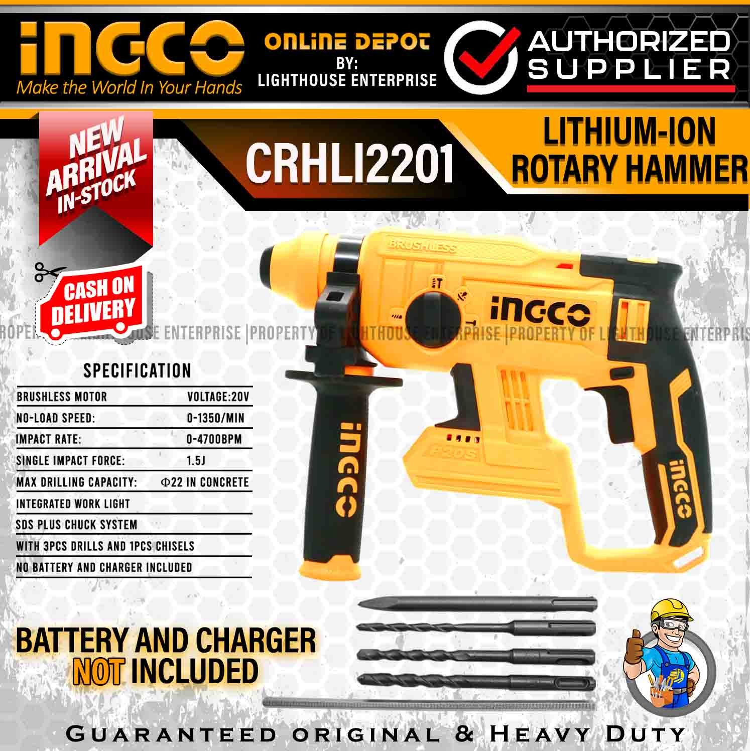 INGCO Industrial 20V Brushless Cordless Rotary Hammer / Hammer Drill