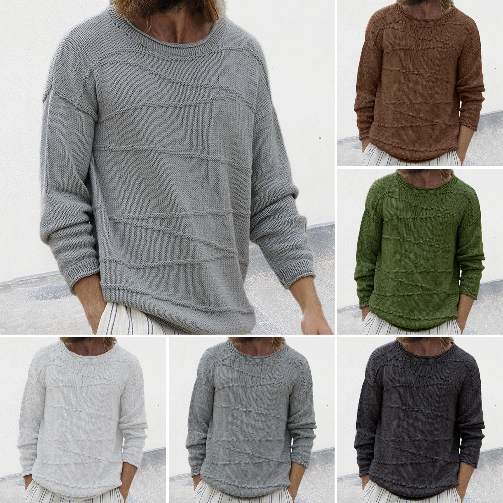 Herren-Pullover, einfarbig, gerippter Bündchenpullover, gemütlicher Herren-Winterpullover, lockere Passform, gerippte Bündchen und O-Ausschnitt-Design, Perfect771_voghion.com