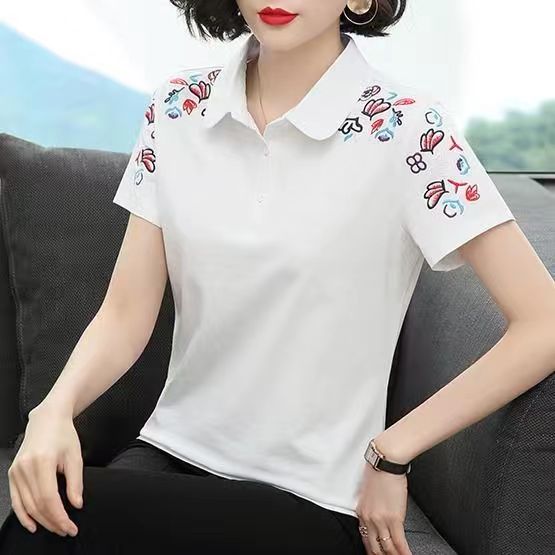 Free Shipping Elegant Embroidery 100KG Fat Female Can Wear Lapel Tee Women Short Sleeve Polo Shirt Korean New Navy blue polo blouse Lady Floral t-shirt