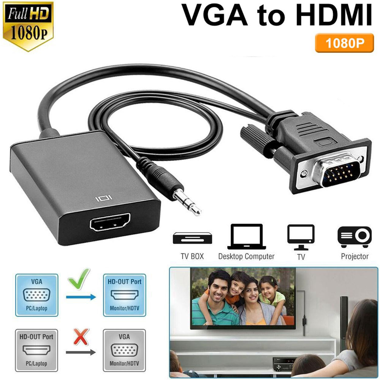 VGA HDMI Adapter Video Converter Cable For Male Female PC Laptop HD DVD 