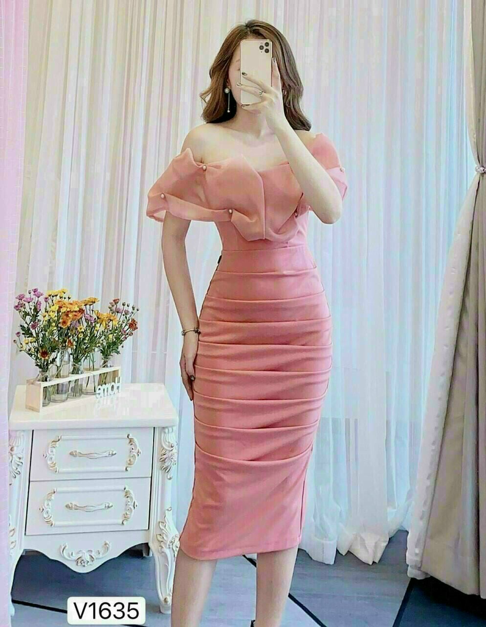 Đầm Body Phối Xếp Ly (có mút, có cườm) Quyến Rũ