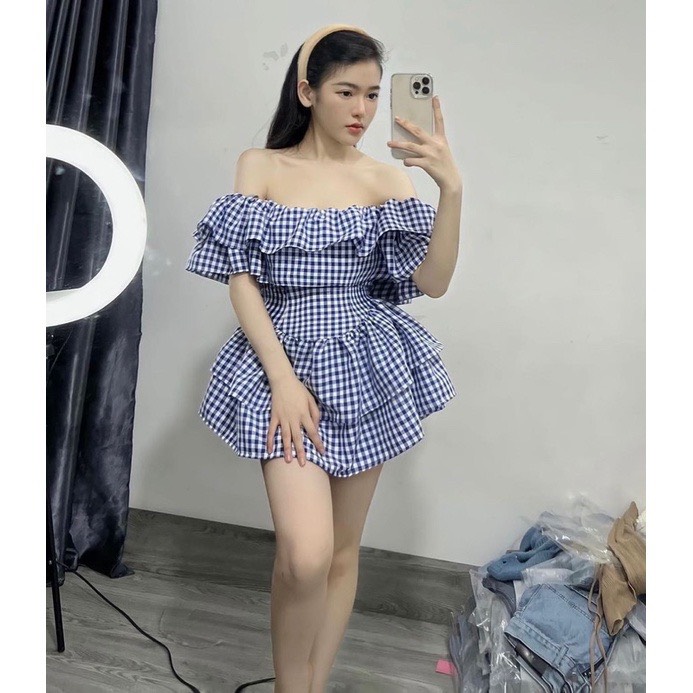 váy trễ vai kẻ caro dáng xòe xếp tầng, đầm nữ dễ thương, đầm tiểu thư hàn quốc, đầm vintage, váy nữ hàn quốc, đầm babydoll nữ, AMME