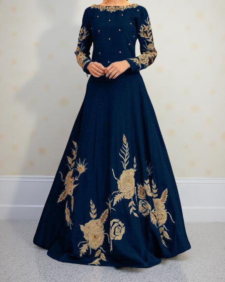 Stylish Flair Embroidered Silk Maxi Dress for Women – Luxury Formal Wear – Party & Wedding Outfit