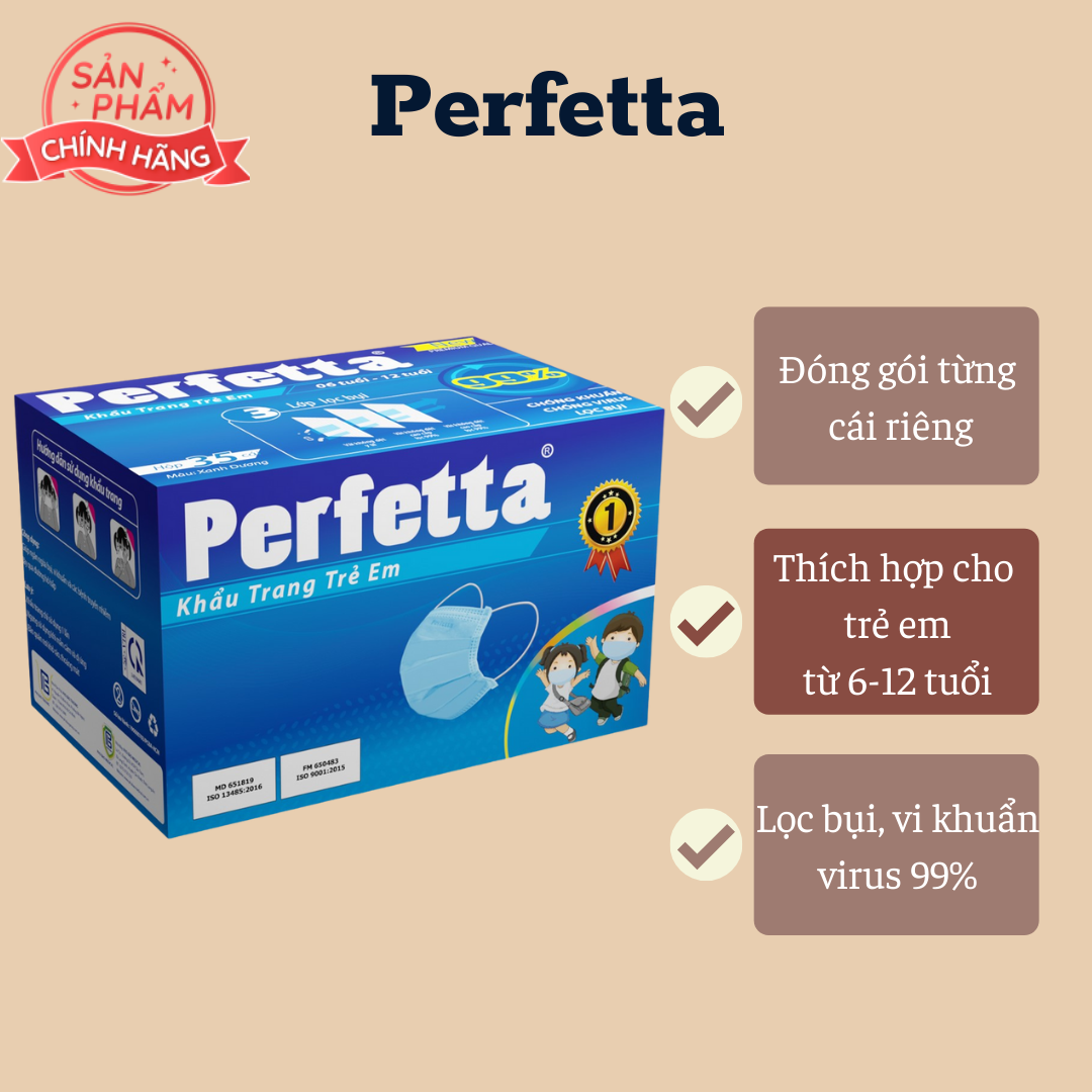 [HCM]Khẩu trang cho bé lớp Perfetta Trẻ Em Xanh (35 Cái/Hộp)