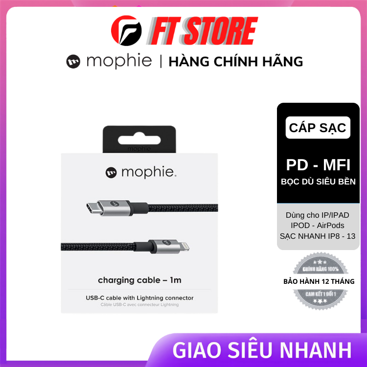 [GIAO HỎA TỐC]  Cáp USB-C To Lightning Mophie 1M chuẩn MFI