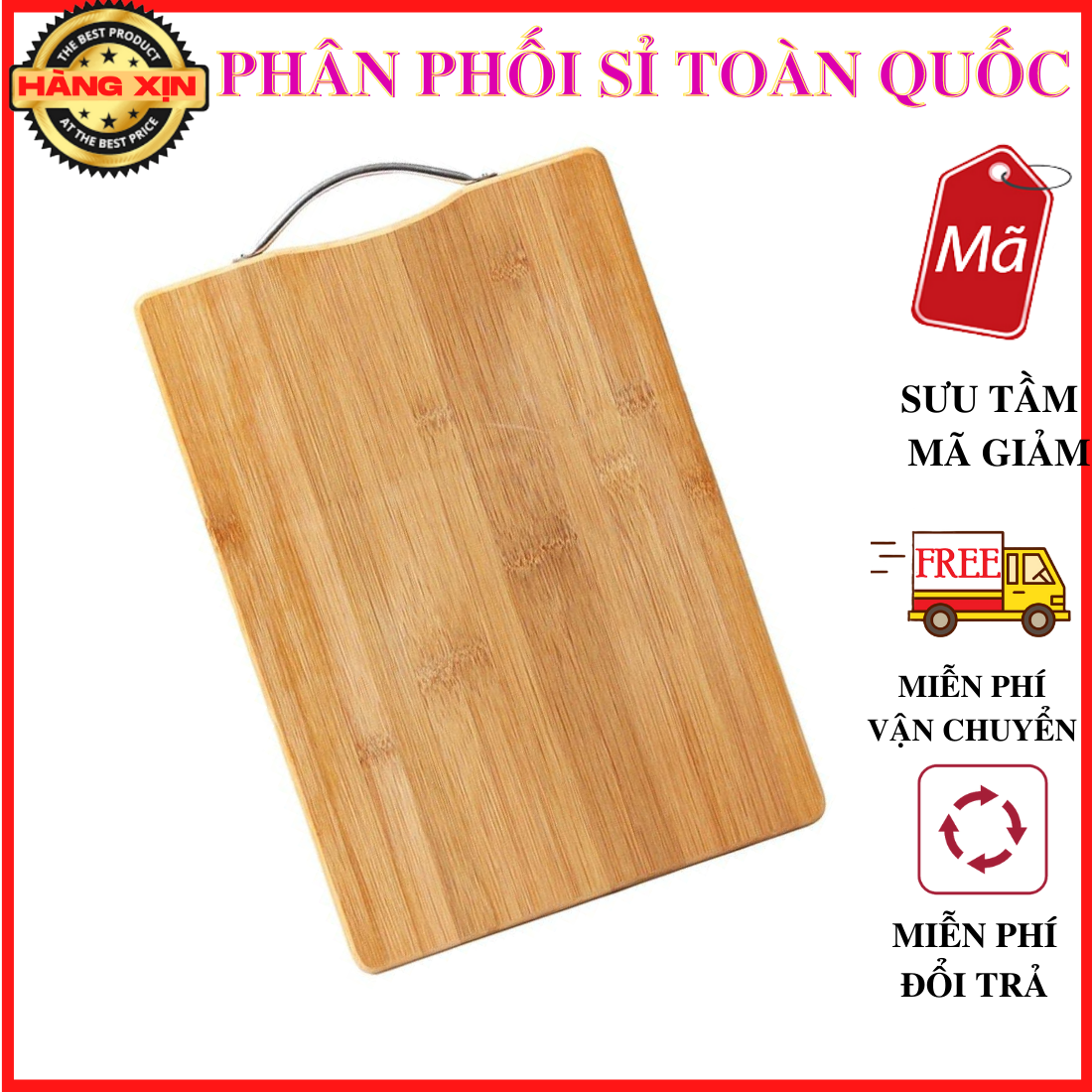 Thớt gỗ tre chữ nhật khoáng khuẩn loại dày kích thước lớn 20x30cm có móc treo inox cao cấp