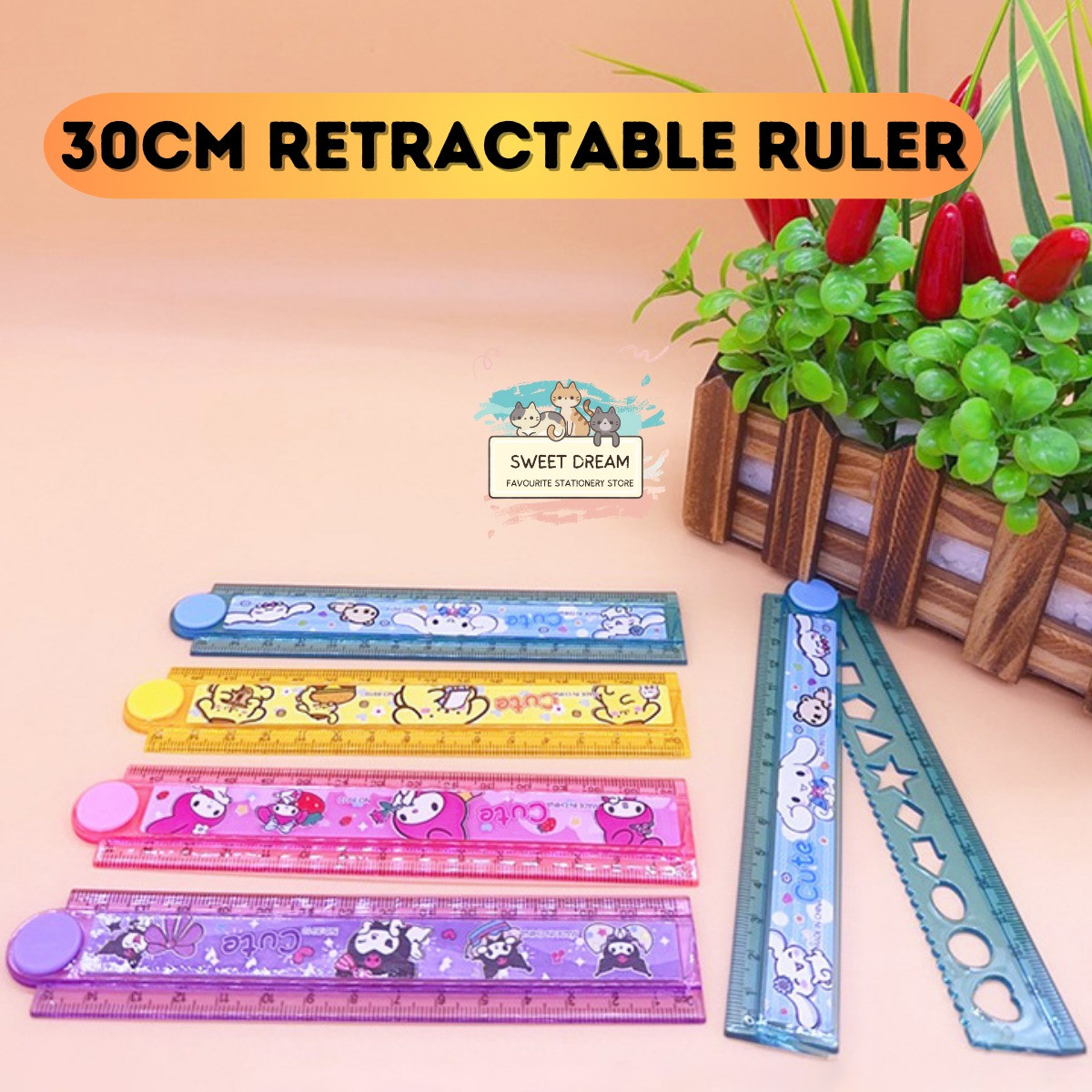 Colorful Wavy Ruler 30CM Sanrio Retractable Folding Ruler Pembaris with Multifunctional ...