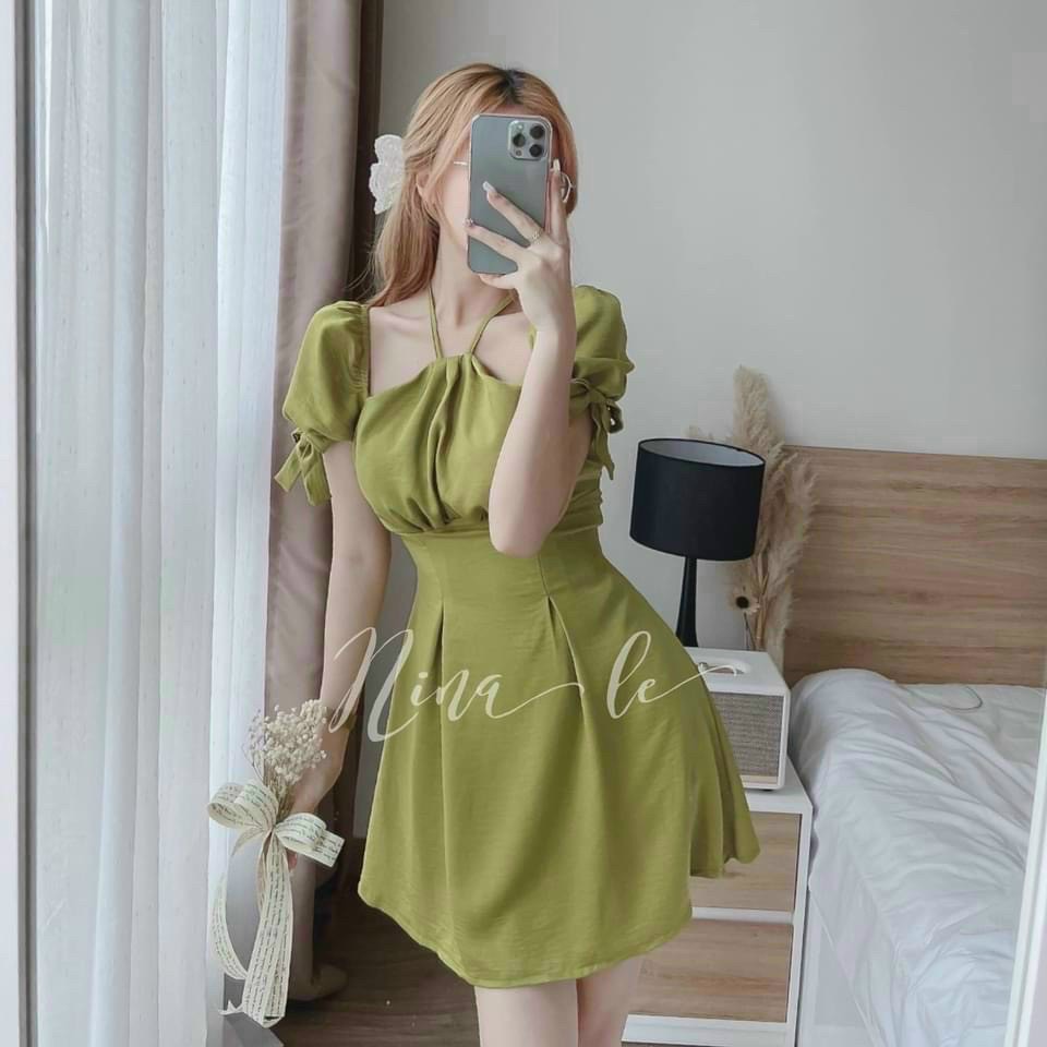 Đầm tiểu thư tay phồng, Đầm cổ yếm tay phồng, váy xòe nữ đi tiệc, váy cổ yếm, đầm dáng xòe tiểu thư dễ thương