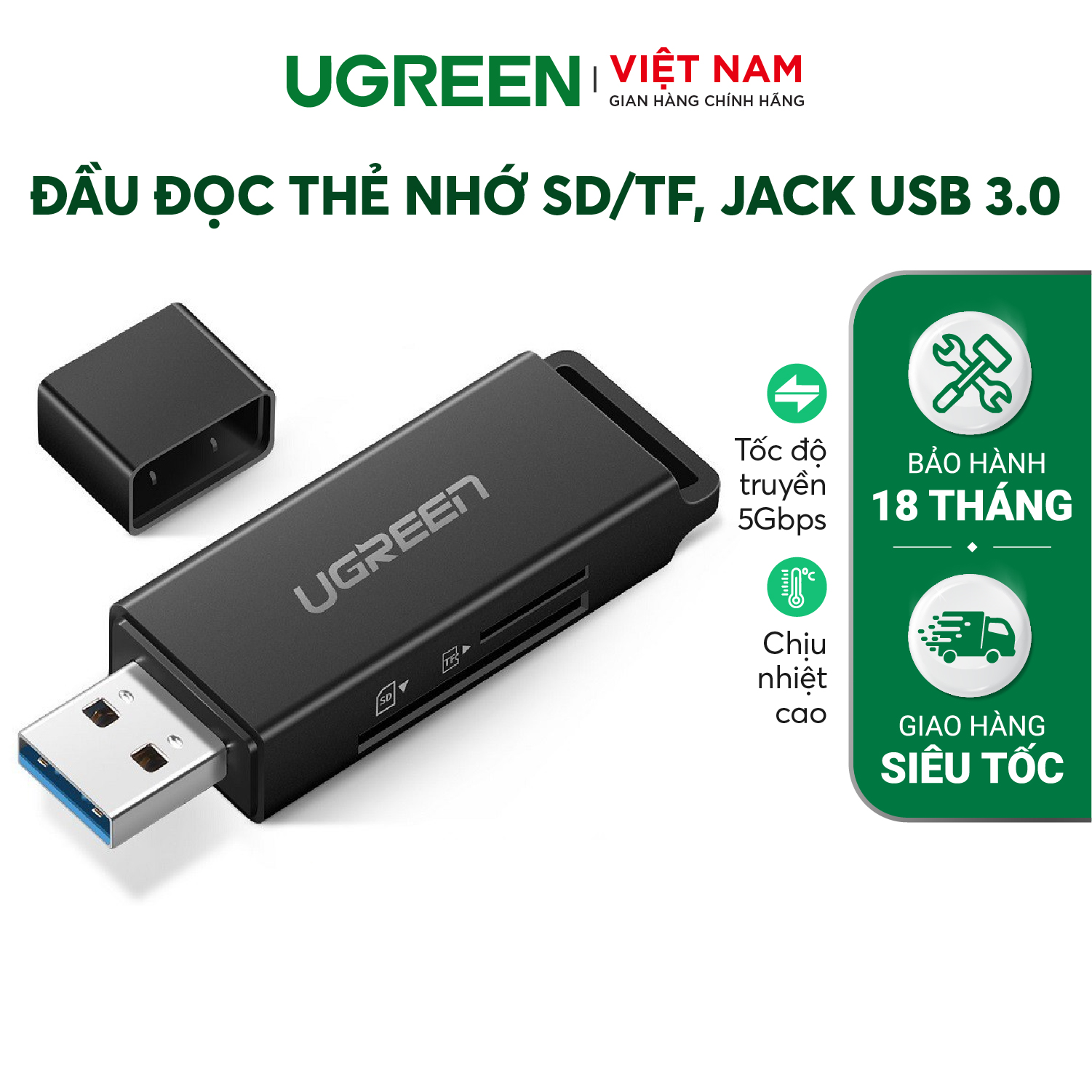 Đầu đọc thẻ nhớ USB 3.0 UGREEN CM104 - Hỗ trợ đọc thẻ TF/SD - Hàng phân phối chính hãng - Bảo hành 18 tháng 1 đổi 1 40752 40753 40751 40750