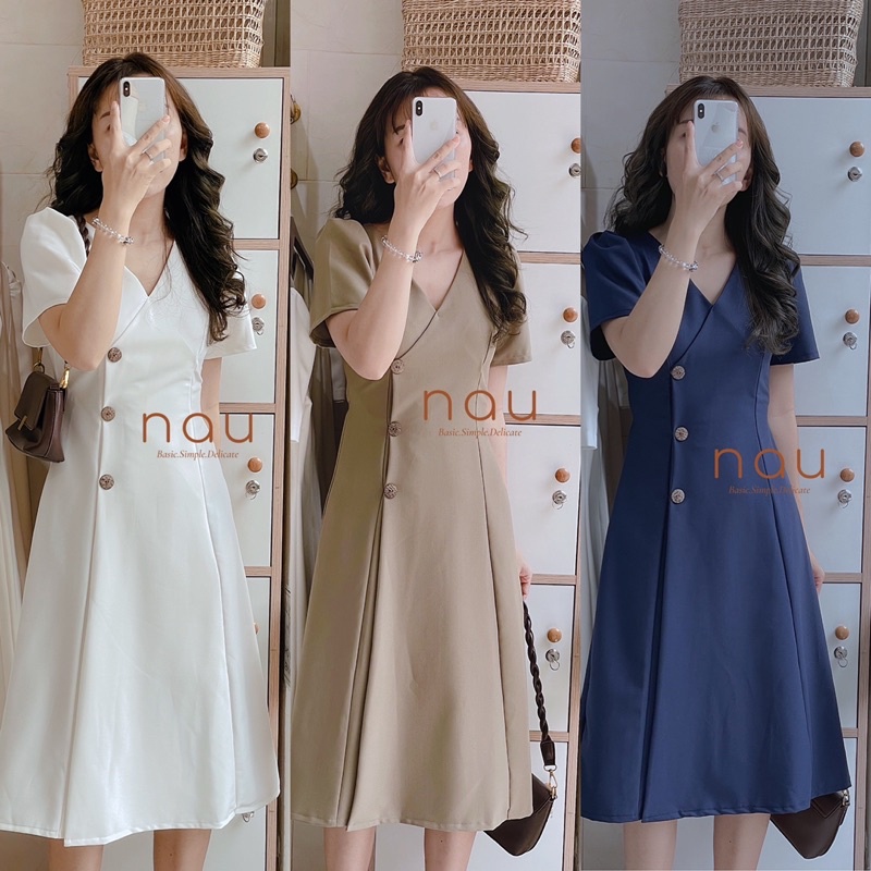 Đầm cổ V nút gỗ tà đắp chéo dây cột eo