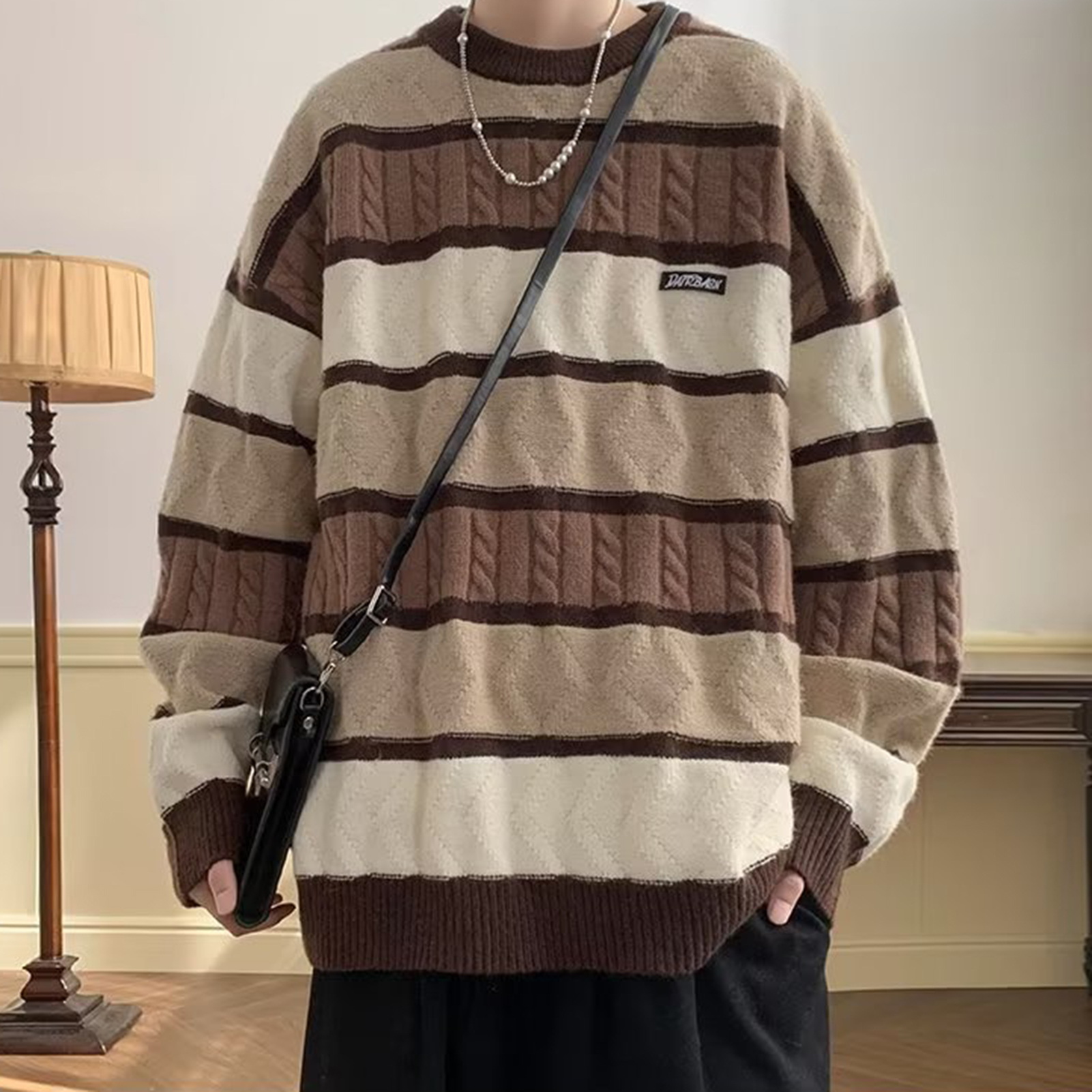 Men Sweater O-neck Knitting Pullover Men's Thick Striped Sweater Casual Winter Pullover with O-neck and Long Sleeves less Than