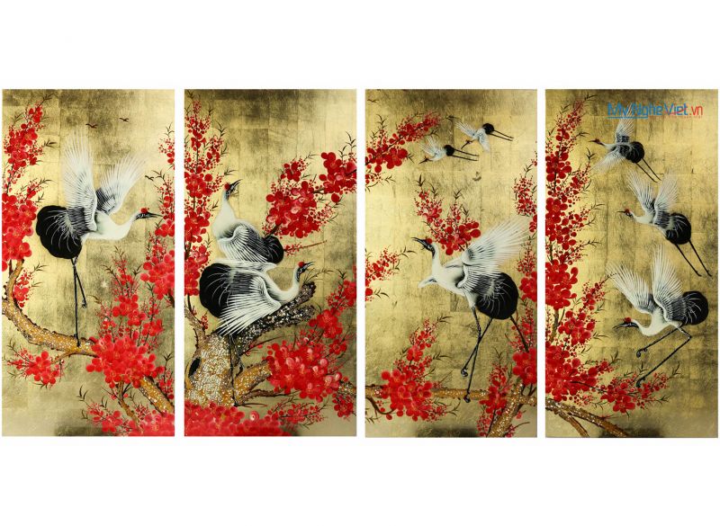 Bộ Tranh hoa đào và đàn Hạc tiên - Tranh sơn mài cao cấp, thủ công mỹ nghệ Thanh Bình Lê size 120x60 cm, treo trang trí decor, làm quà tặng, tân gia,…