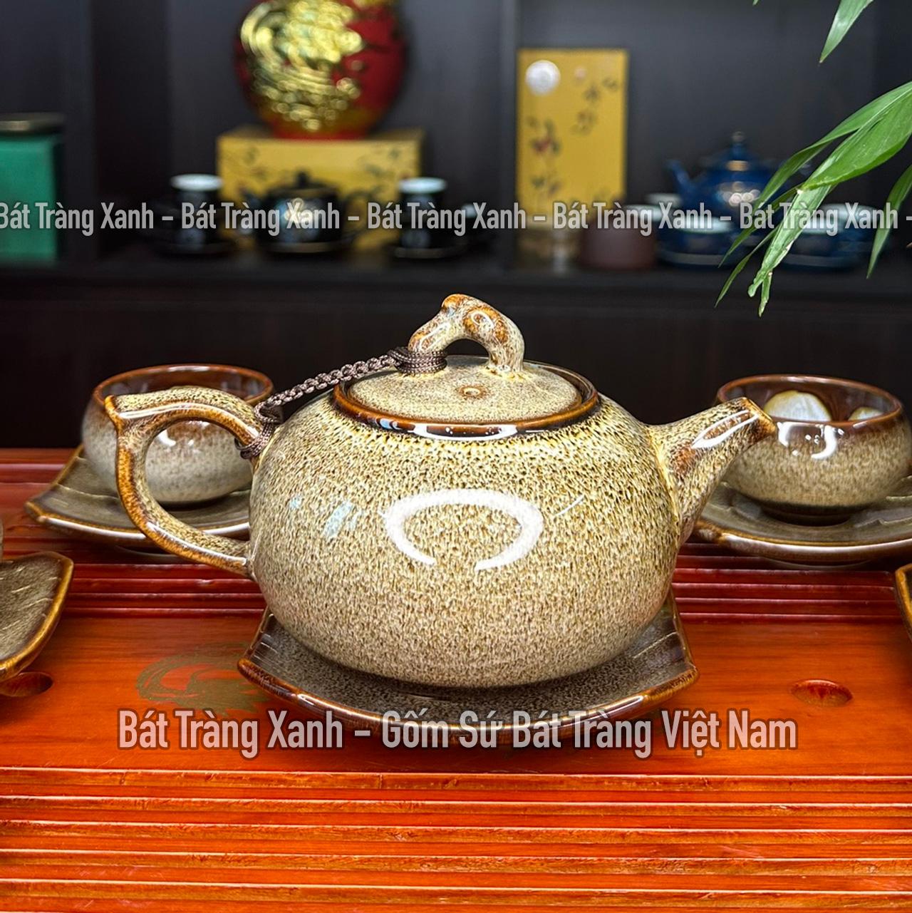 Bộ Ấm Chén Quả Hồng Cà Phê- Bộ Ấm Trà Men Hoả Biến Bát Tràng Cao Cấp