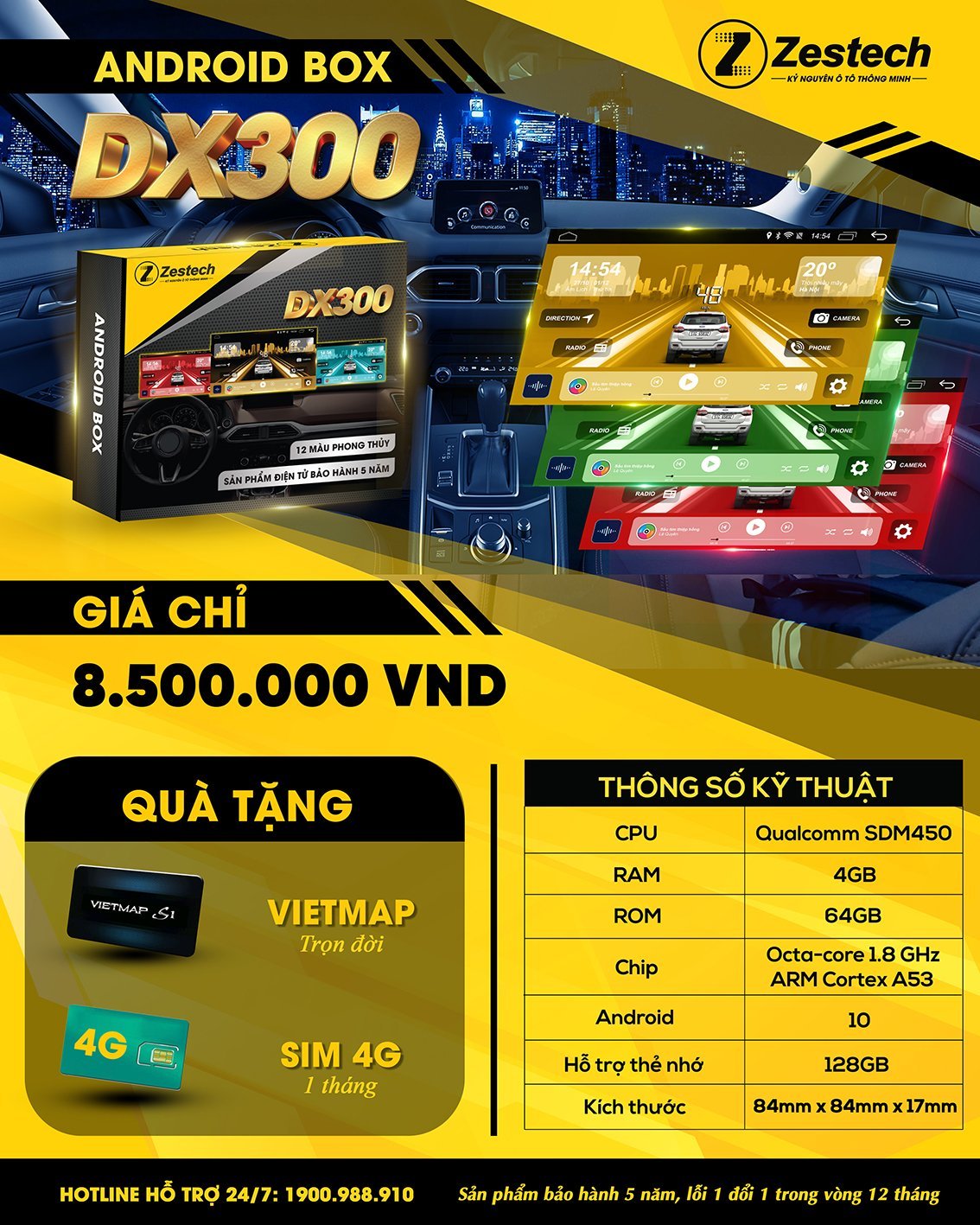 Carplay Android Box Zestech DX300 (Giao diện phong thủy, BH 5 năm, Tặng Sim 4G, Vietmap bản quyền, Kiki)