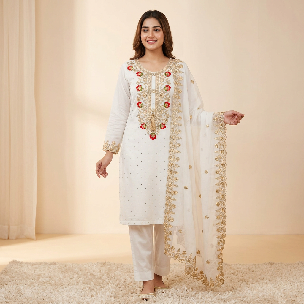 Georgette Unstitched 3pc Suit for Women All Season High Quality Indian Weightless Georgette Fabric Embroidered Style White Color