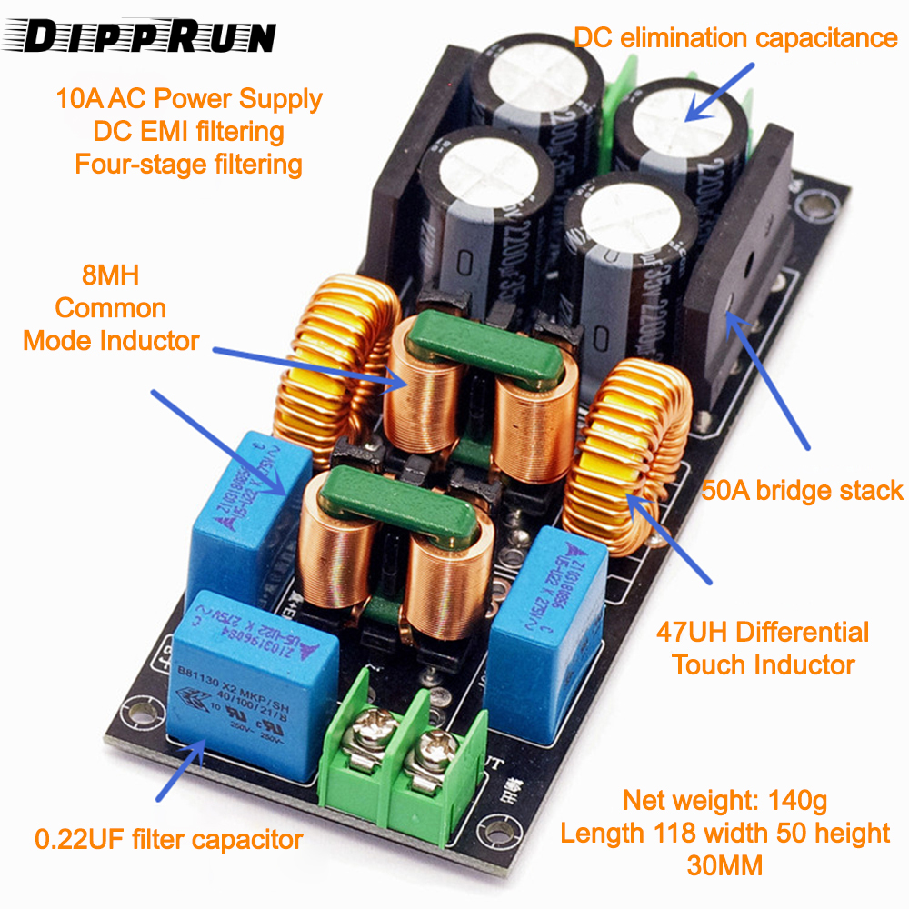 DIPPRUN DC LC Filter DC EMI Power Filter 0 to 50V 4A 10A 20A Filtering Board EMI Suppression Module