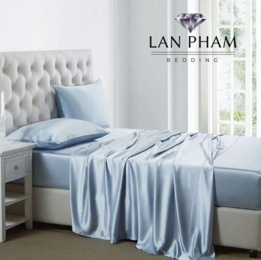( Lụa Loại 1) Bộ 4 Món Ga Gối Phi Lụa Xanh Da Trời Lan Pham Bedding Hàng Loại 1 Mát Mịn