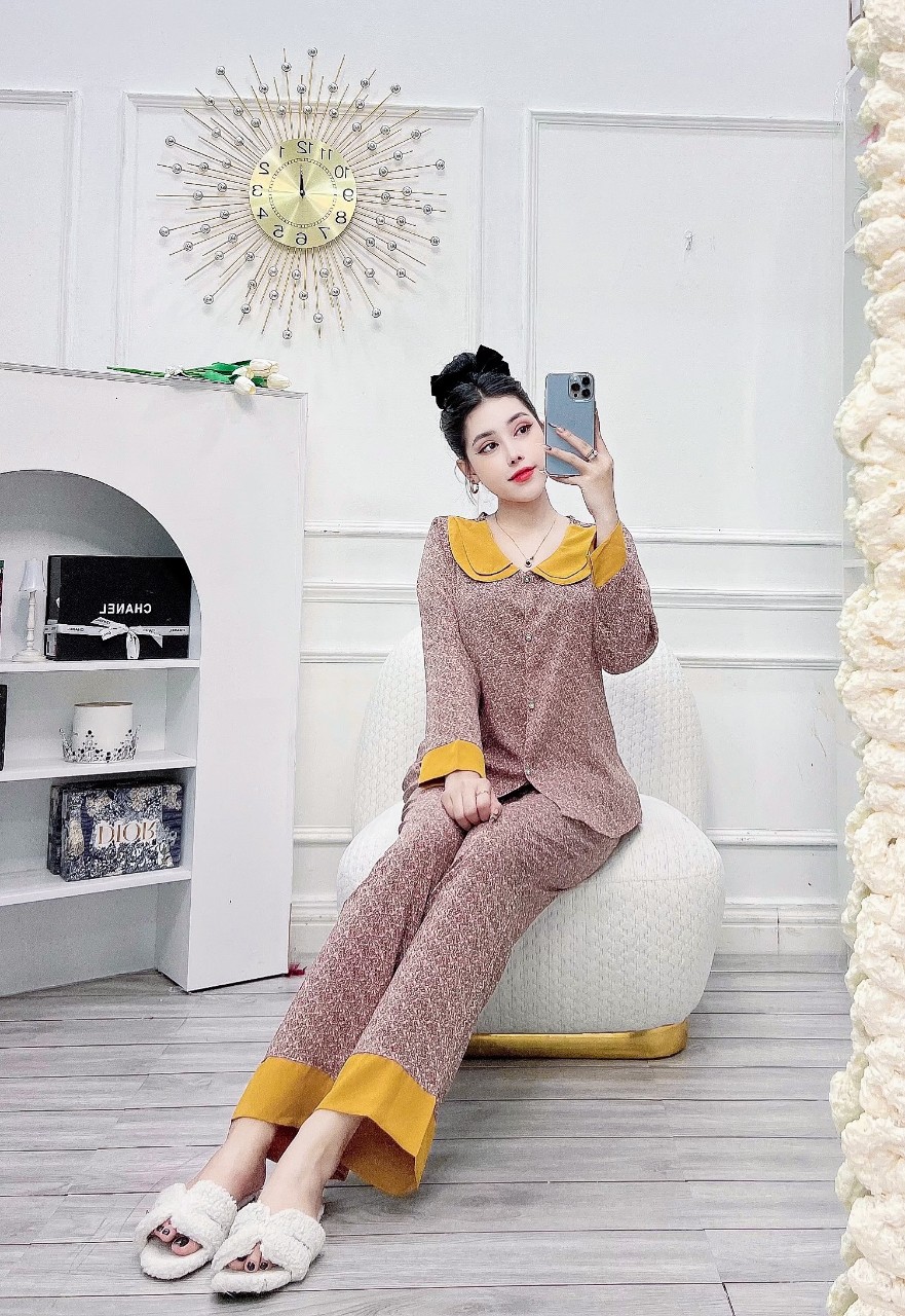 Lụa mango Loại 1 Cao Cấp Size Dưới 60kg - Set Bộ Tay Dài Pijama Mặc Nhà Nữ Cổ Phối Hoạ Tiết Sang Chảnh
