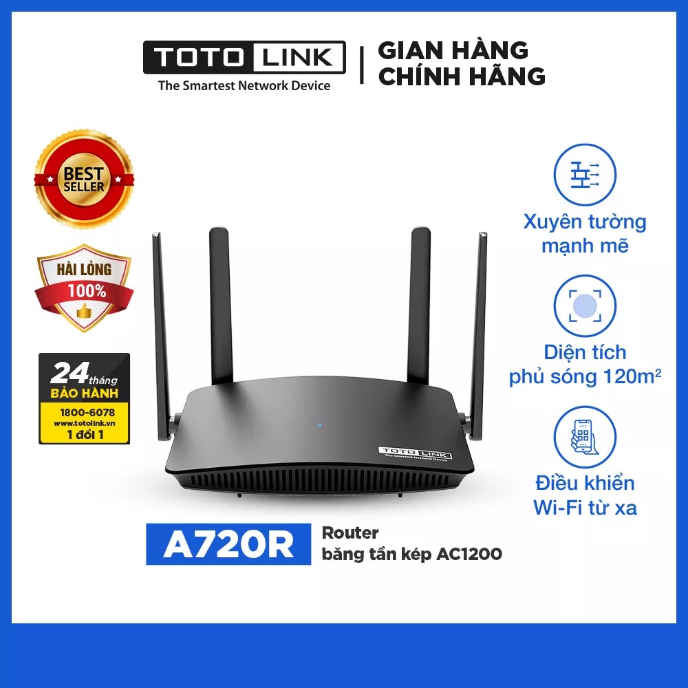 Bộ Thiết Bị Phát Wifi Totolink A720R AC1200M Băng Tần Kép 2.4G (300Mbps) và 5G (867Mbps) 4 ăng ten công suất cao