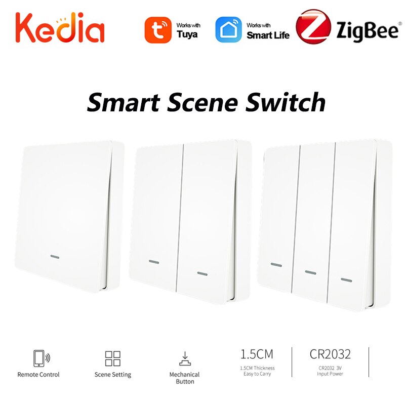 Tuya Zigbee Smart Switch 1/2/3 Gang Wireless Wall Push Button Scene Switch Battery Powered Smart Home Smart Life Remote Control