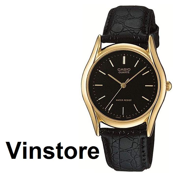 Vinstore] Casio MTP-1094 Black Leather Strap Gold Tone Case Analog