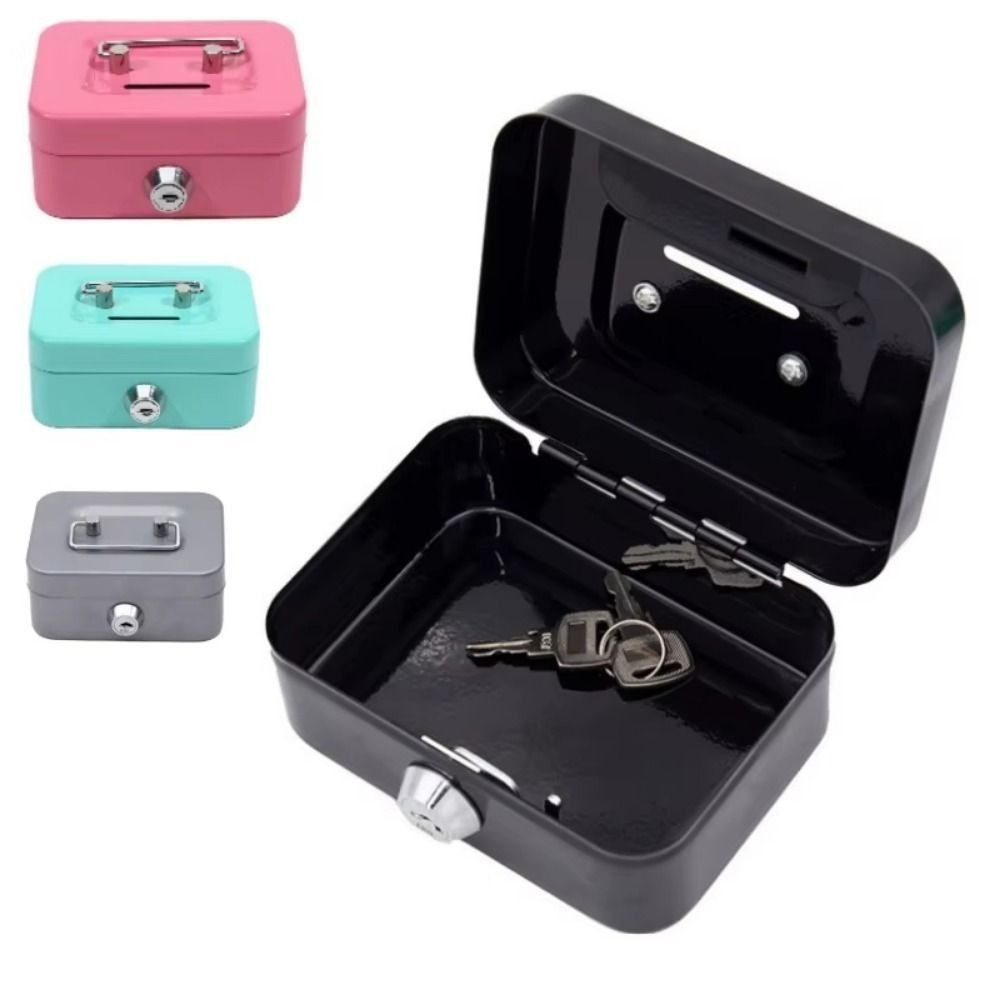 Creative Mini Lockable Cash Box Metal with Key Lock Box Sturdy Construction with Handle Money Safe Case Home Use. 