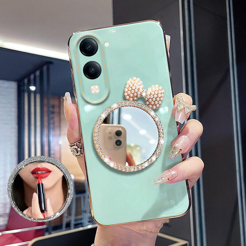 New Phone case Vivo Y04 / Y04S Back cover Soft Plating brick inlaid pearl butterfly makeup mirror Smooth Electroplated for Vivo Y04S / Y04 case. 