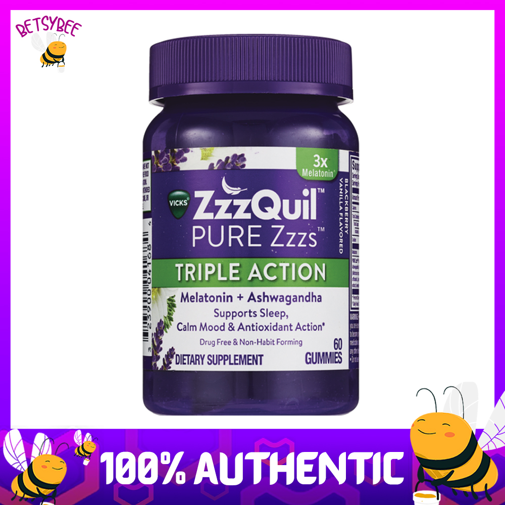 ZzzQuil PURE Zzzs Triple Action Melatonin + Ashwagandha Supports Sleep Calm Mood 42 / 60 Gummies