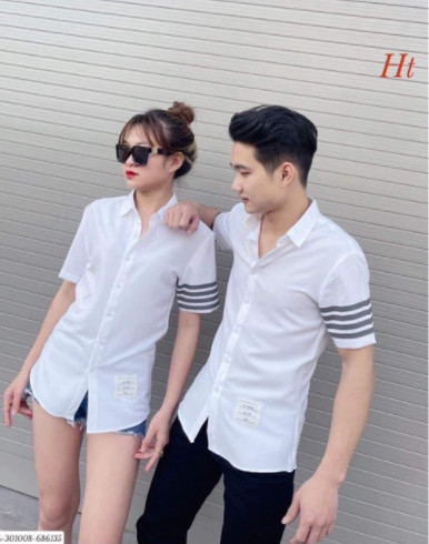 Áo sơ mi sọc xám cộc tay ht12