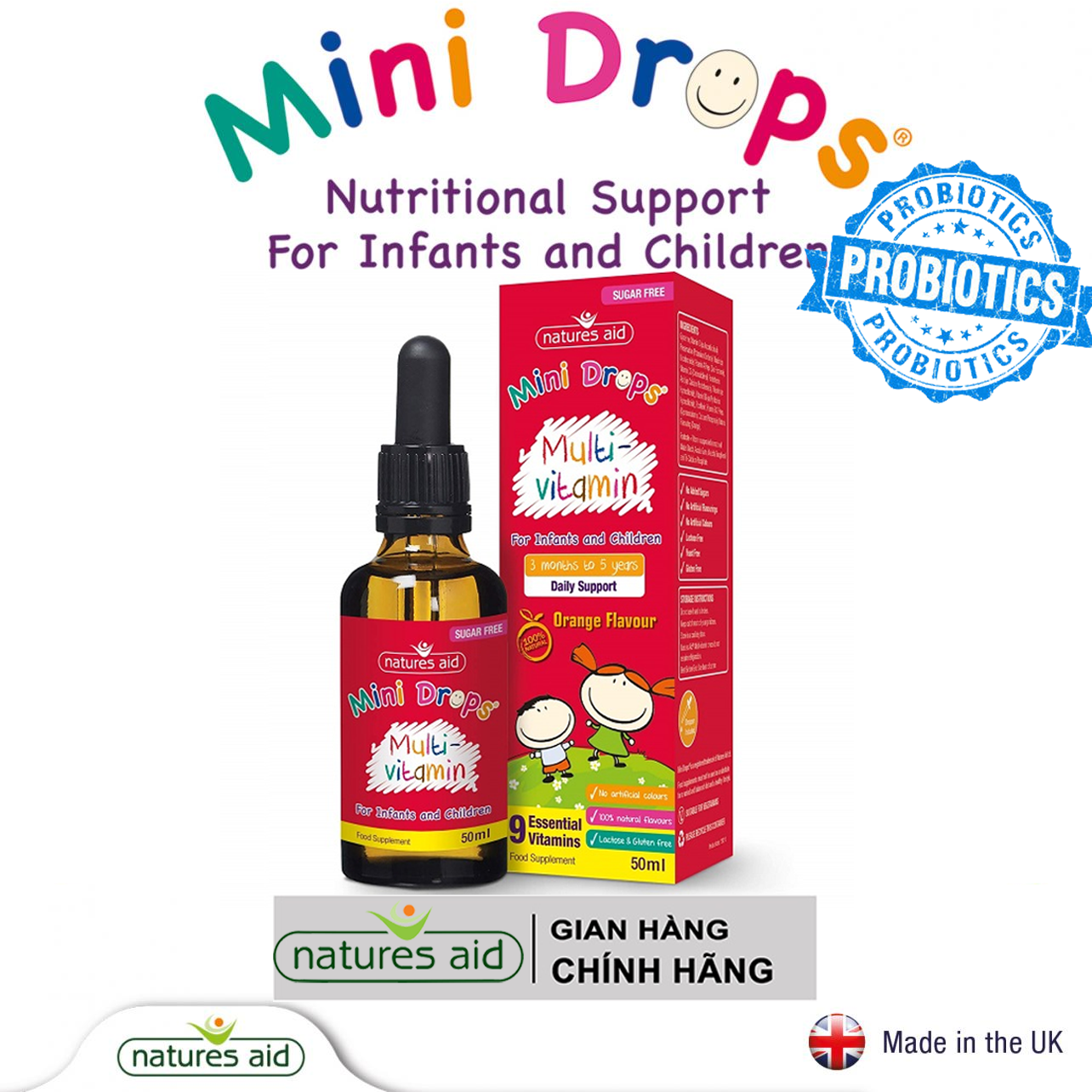 Mini drops cho bé của Natures Aid (sắt, vtm D3, Dha, Multi tổng hợp,immune tăng đề kháng)