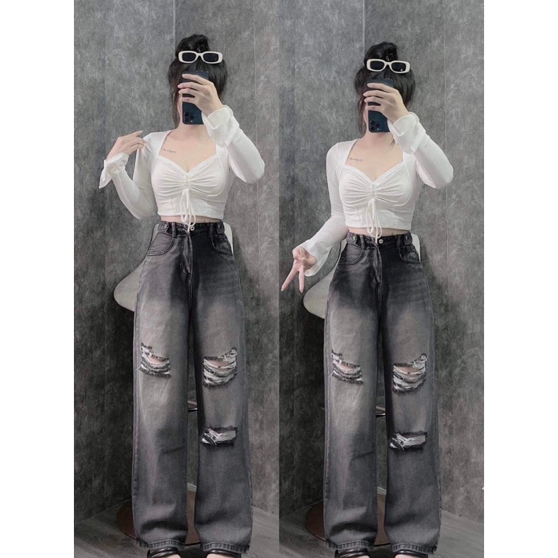 Baggy jeans ống suông đai nút rách mảng2024