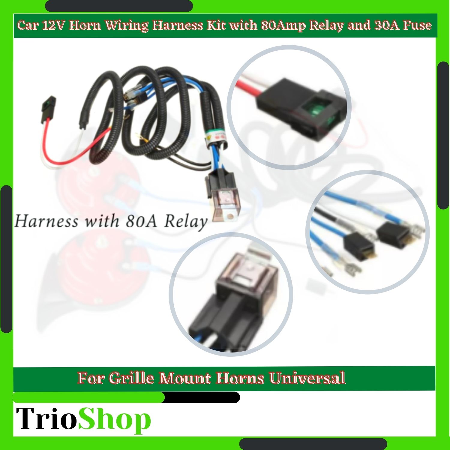 Car 12V horn Wiring Harness Kit with 80Amp Relay and 30A Fuse For
