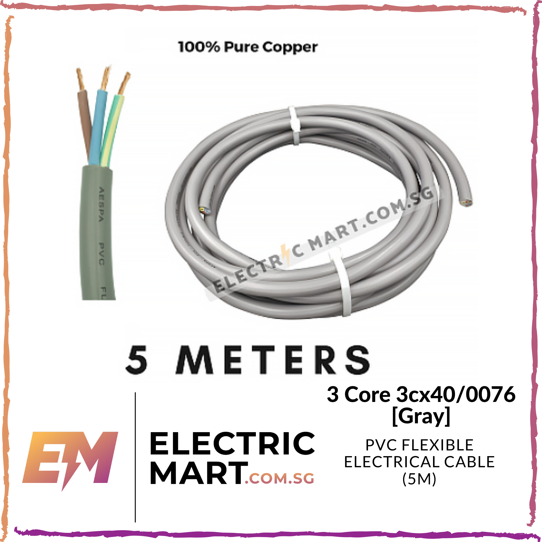3 Core x 40/0076 PVC Flexible Wire Supply Electrical Cable 3x40/0076 or 3Cx40 (3 x 40 / 0076), 5