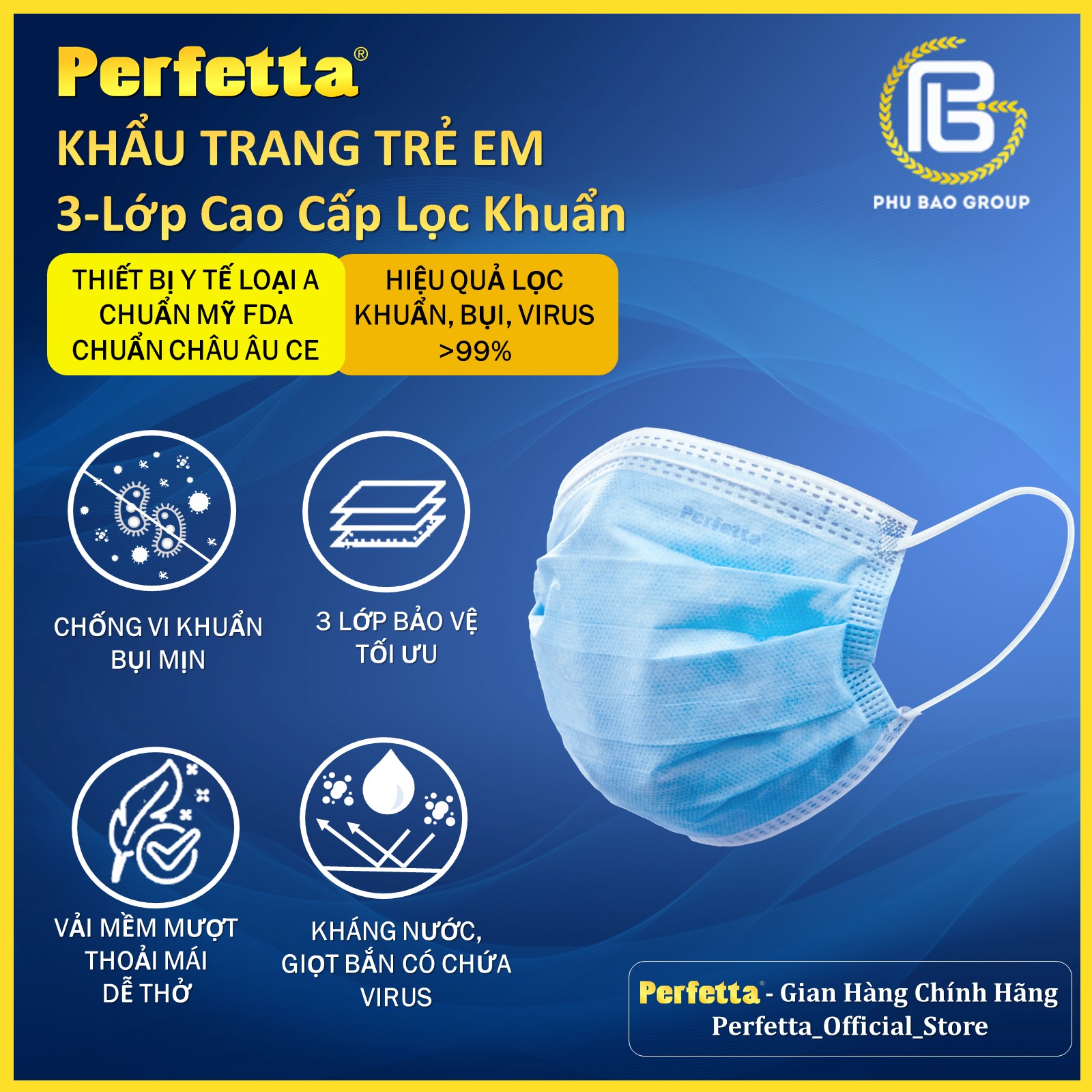 [HCM]Khẩu trang cho bé 3 lớp Perfetta Trẻ Em Trắng (35 Cái/Hộp)