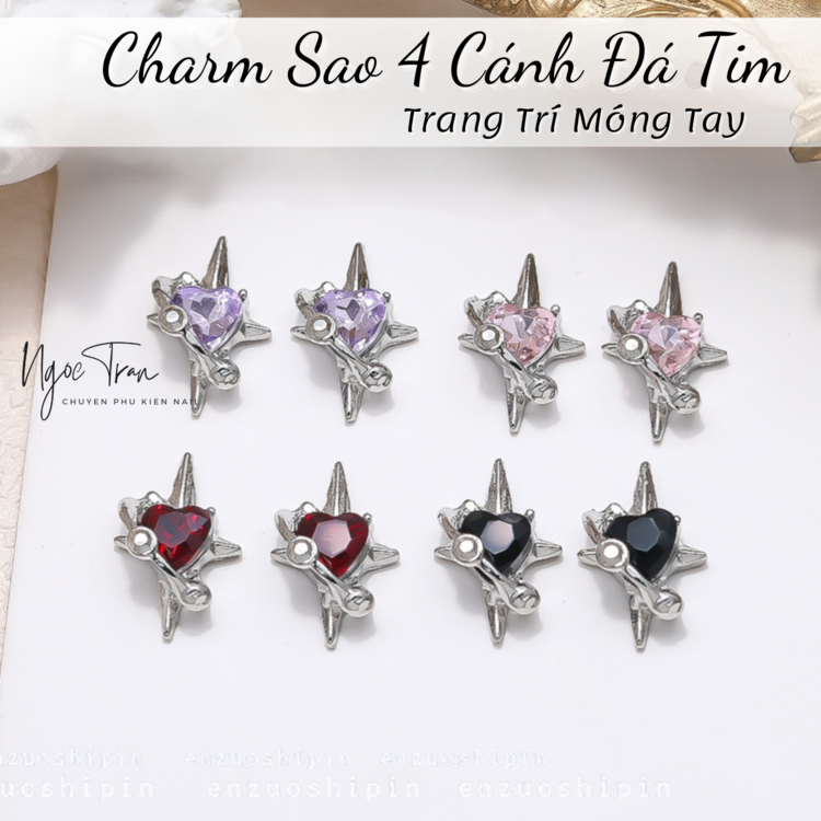 Charm Bạc Sao 4 Cánh Đá Tim Trang Trí Móng Tay AB