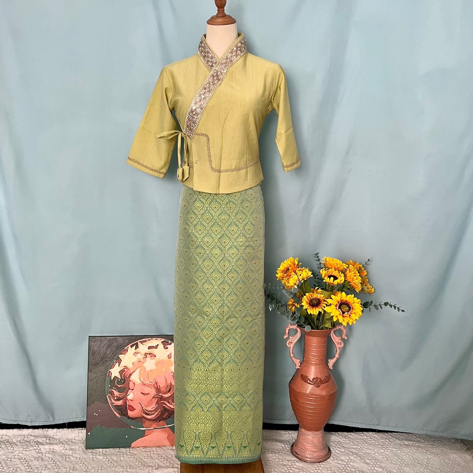 Mùa xuân phong cách mới xishuangbanna dai quần áo nữ dài tay áo dài thắt dây váy dài truyền thống dai phù hợp với dân tộc