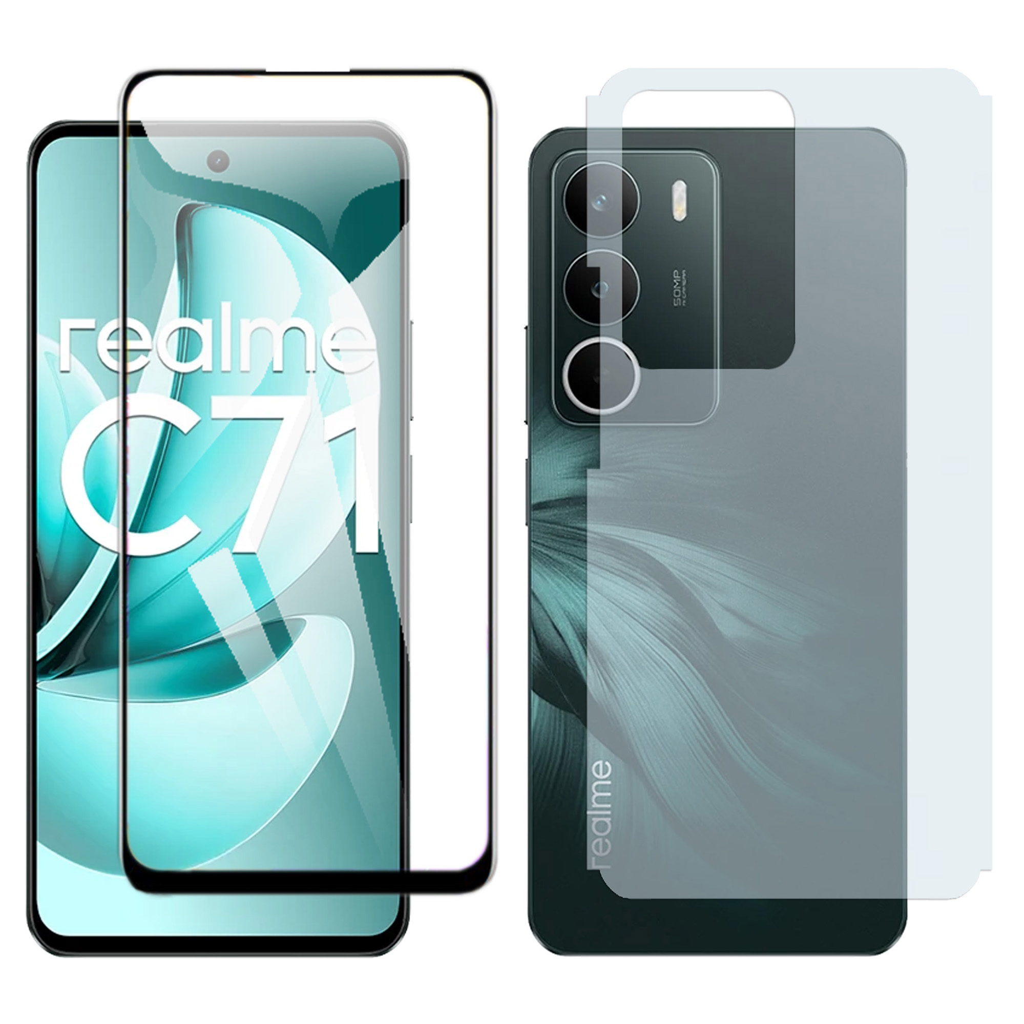 Realme C71 Full Black 9D Tempered Glass Screen Protector Edge to Edge Full Glue Premium Quality + Back Matte Finish Protector Carbon Fiber Soft Skin Sheet For Realme C71. 