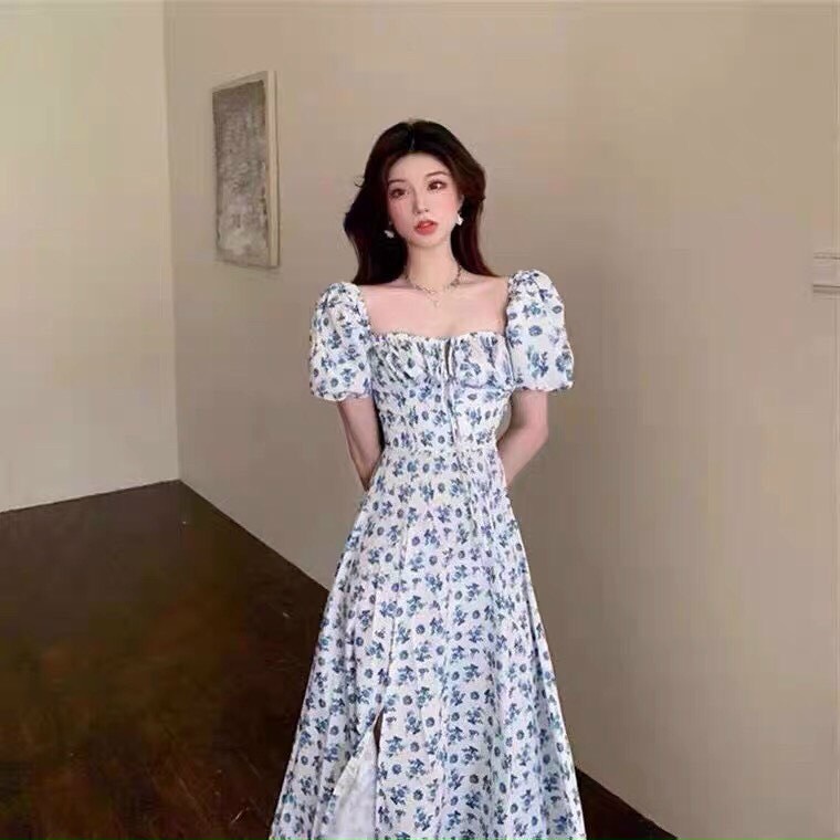 Đầm maxi, đầm hoa nhí xẻ tà, đầm tay phồng, đầm cổ vuông, đầm maxi hoa nhí xẻ tà, maxi đi biển