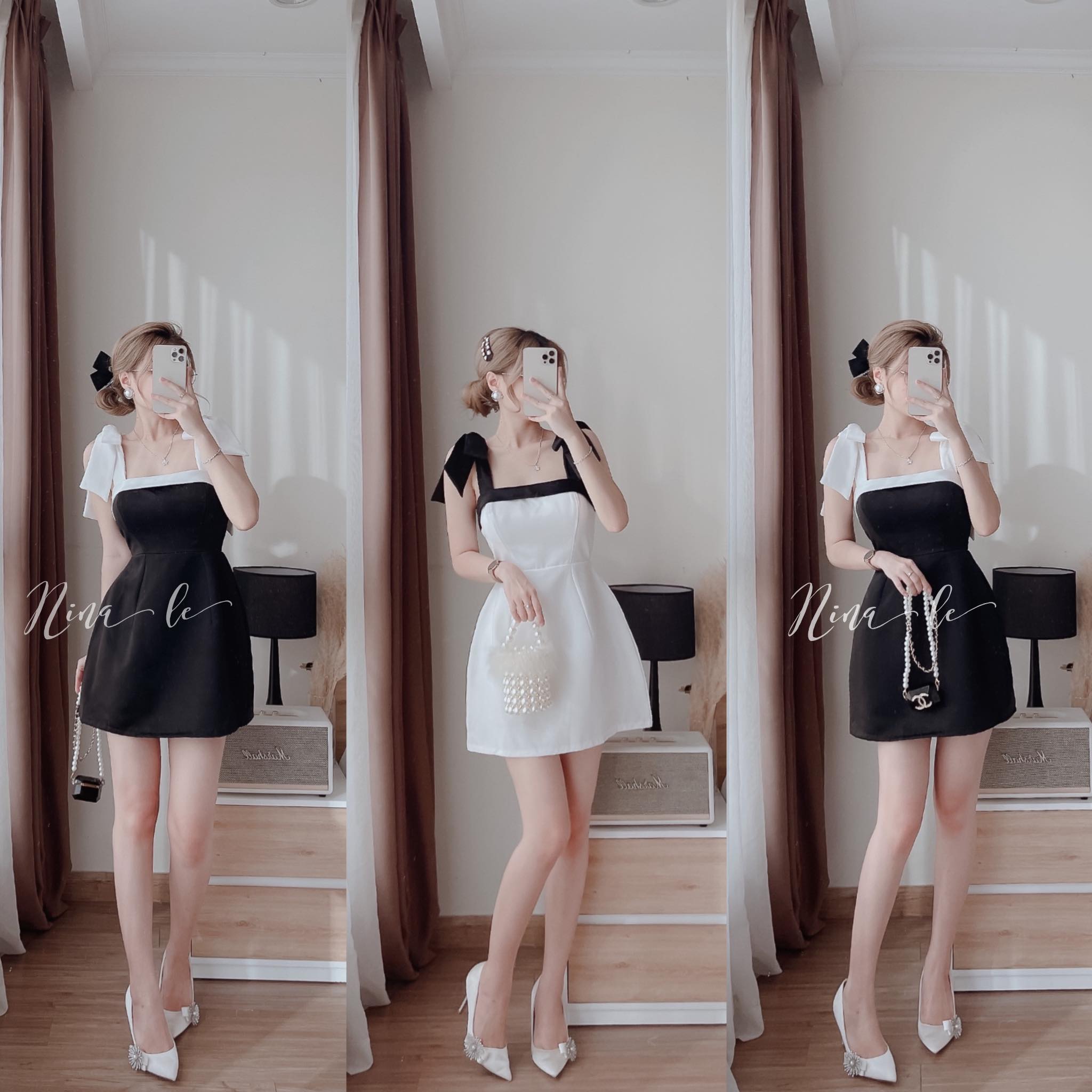 ĐẦM 2 DÂY THẮT NƠ TRẮNG/ĐEN UMI (CÓ MÚT NGỰC)