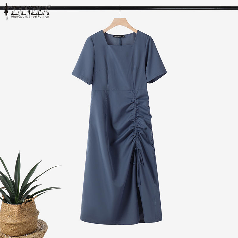 ZANZEA%20Korean%20Style%20Women%20New%20Fashion%20Square%20Neck%20Dresses%20Raglan%20Sleeve%20A-Line%20Drawstring%20Midi%20Solid%20Dress%20#0303%20-%20Image%206