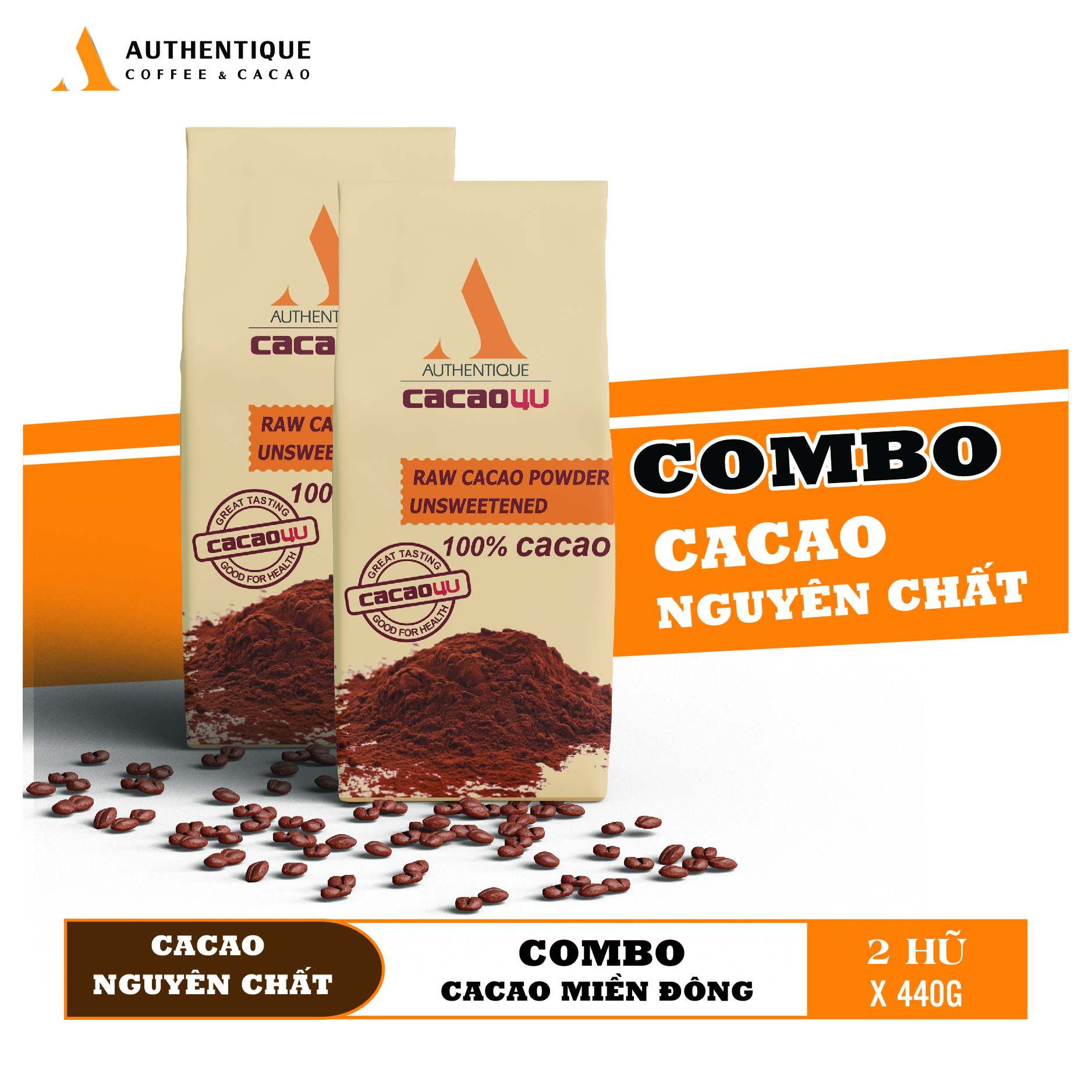 Bộ 2 Bột Cacao 100% Nguyên Chất - Túi Kraft 220 - Hỗ Trợ Giảm Cân